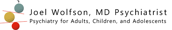 The image is the logo for Joel Wolfson, MD Psychiatrist.